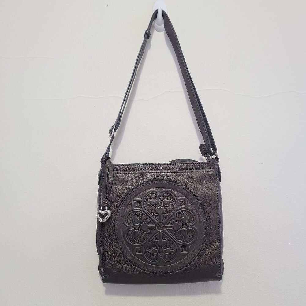 Brighton Ferrara City Organizer Pewter Pebble Leather Crossbody Bag